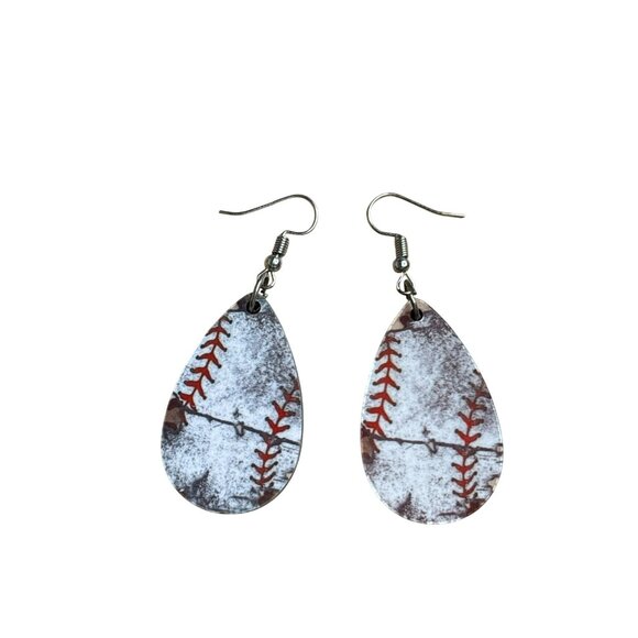 Baseball Teardrop Earrings Silvertone Hooks Rustic Retro 1.5 inches - Picture 2 of 3